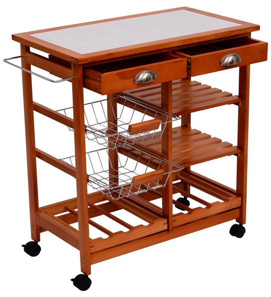 Kitchen Carts on Wheels HomCom 28" Portable Rolling Tile Top Kitchen Trolley Cart