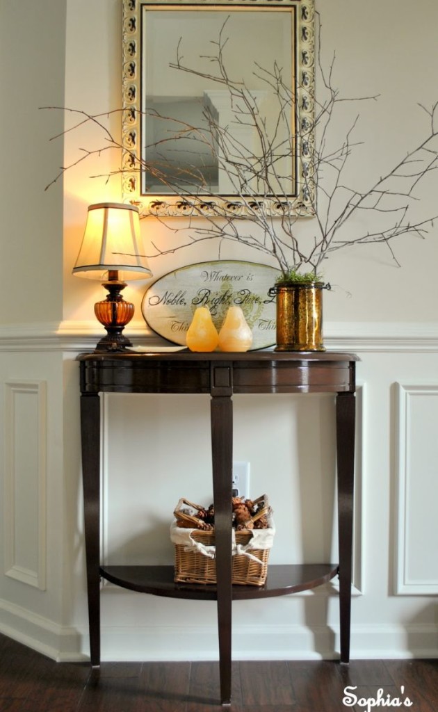 Pretty Foyer Table with Nice Shade Lamp and Chic Mirror-