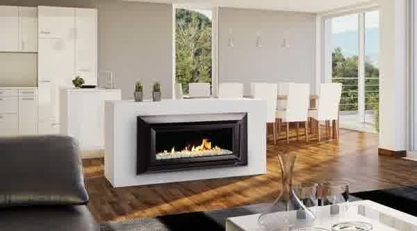 Black Framed Fireplace in White Kitchen and Dining Room