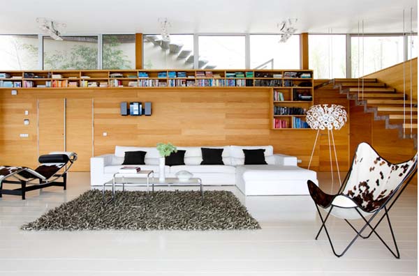 30 Wood Walls Inspirations Comfortable Living Room with Wooden Wall and White L-Shaped Sofa-Small Library-Decorative Cahir-Wooden Staircase-Unique Floor Lamp