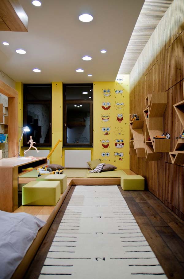 30 Wood Walls Inspirations Kids Bedroom-Spongebob Wallpaper-Unique Bookshelf-Small table Gamp-Green Bedroom