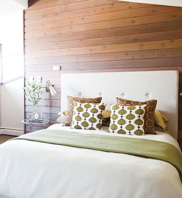 30 Wood Walls Inspirations Master Bedroom with Wooden Wall and Natural Light-Soft Green Bedcover-Brown Pillow-Green Cushions