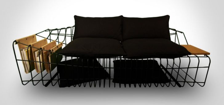 Sofist – the Sofa with Industrial Style Metallic Framework Sofist Sofa with Pockets for Storage and Wooden Board