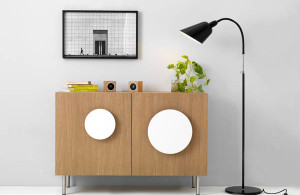 Bold1 Modern Cabinet Modern Wooden Cabinet with White Round Handles and Black Floor Lamp