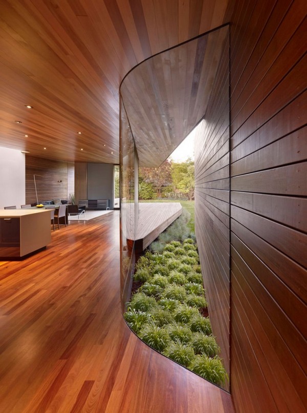 30 Wood Walls Inspirations Walls of Wood with Curved Glass and Ceiling Light in the Dining Room