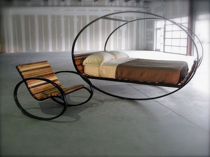 Mood Rocking Bed Wood Base Finish Mood Rocking Bed also Rocking Chair with Carbon Steel Frame and White Pillow-Brown Blanket Bedroom