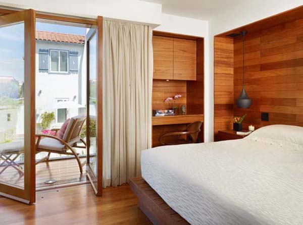 30 Wood Walls Inspirations Wooden Wall in the Bedroom with Glass Door and Dark pendant Lamp also Wooden Chair