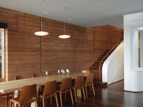 30 Wood Walls Inspirations Wooden Wall with Long Narrow Dining Table-Round Pendant Light-Brown Wooden Staircase