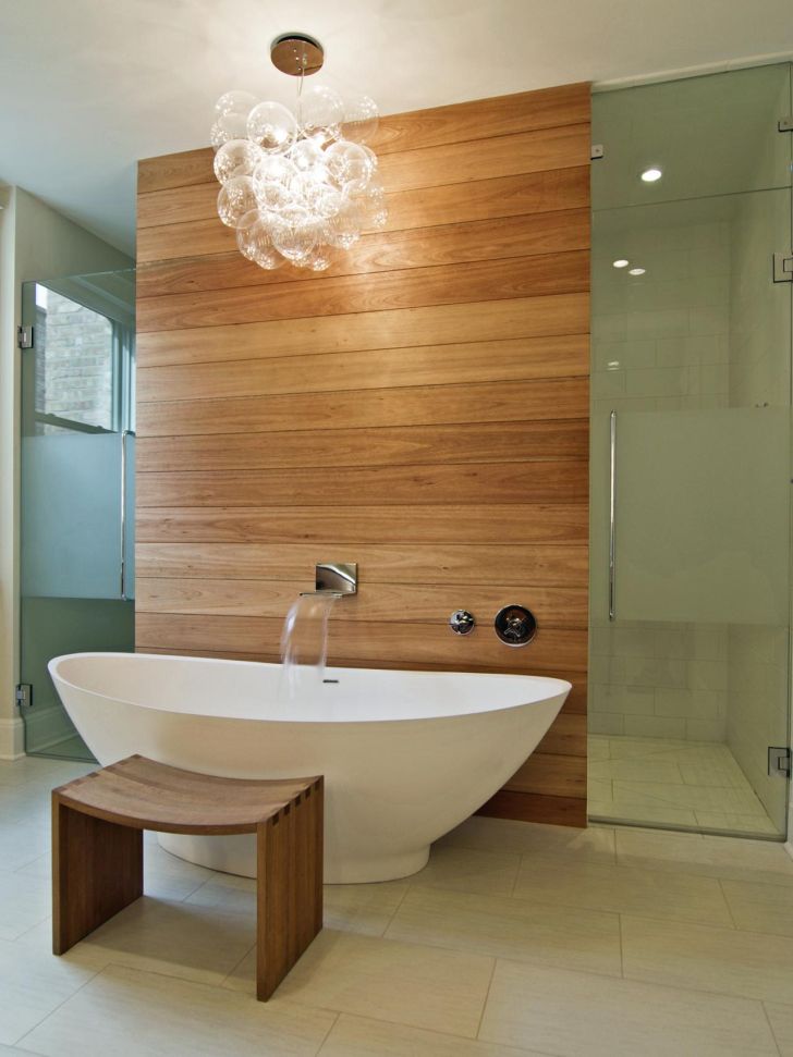 Bathroom Chandelier Lighting Decorative Bathroom Chandelier Lighting Over the Bathub with Wooden Wall and Wooden Chair