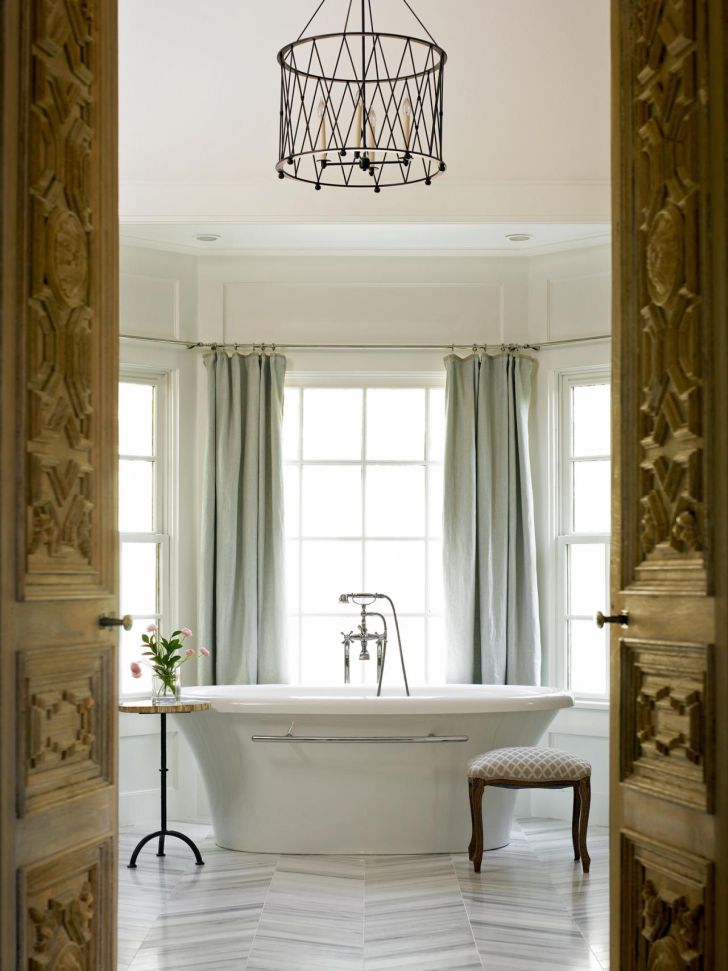 Bathroom Chandelier Lighting Master Bathroom Ideas with Decorative Chandelier Lighting and White Framed Windows