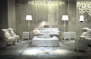 White Living Room Furniture White Ottoman Leather Sofa with Unique White Floor Lamp and Decorative White Mirror