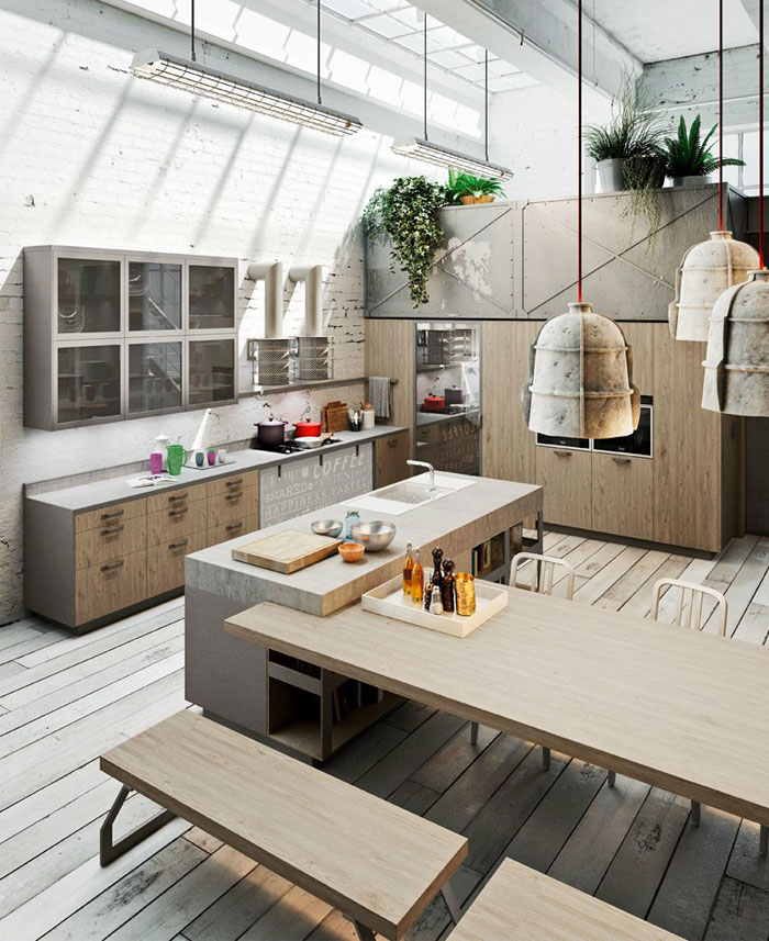 Modern Loft  Kitchen Design by Michele Marcon Wooden Kitchen Table and Kitchen Cabinet with Cement and Stainless Steel Kitchen Countertop Design