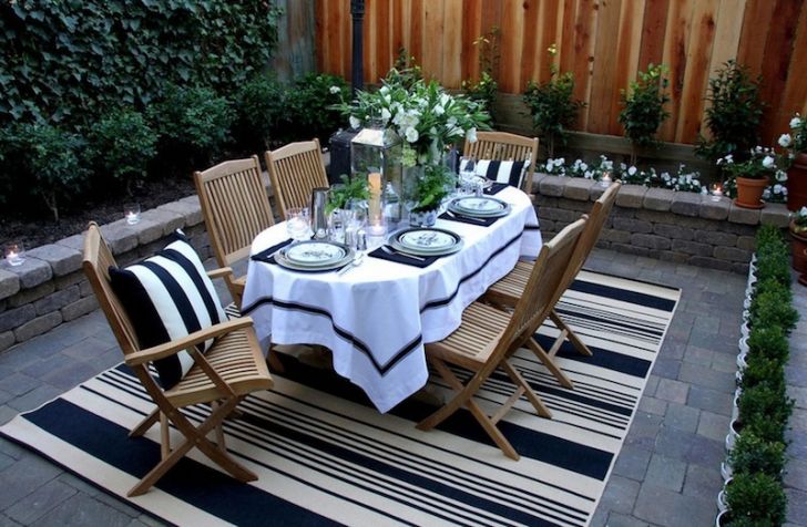 smart patio ideas elegant-wooden-patio-furniture-sets-with-striped-rug-and-dining-appliances