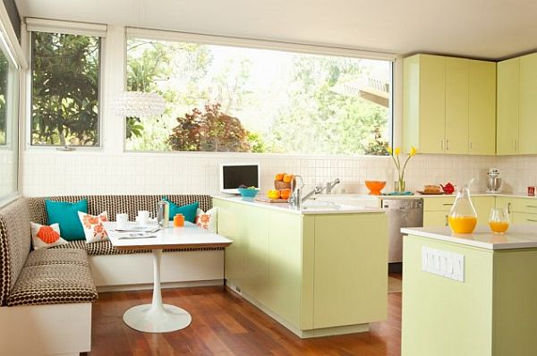 Breakfast Nook furniture l-shaped-bench-colorful-pillows-breakfast-nook-with-bright-green-kitchen-decor-and-wooden-floor