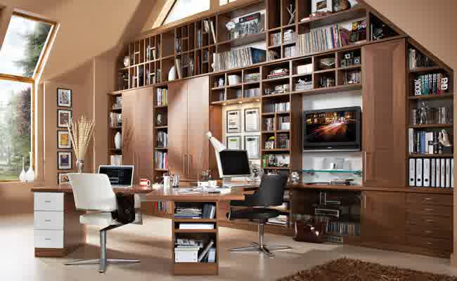 modern home office furniture-spacious-home-office-wooden-furniture-desk-large-brown-bookshelf-