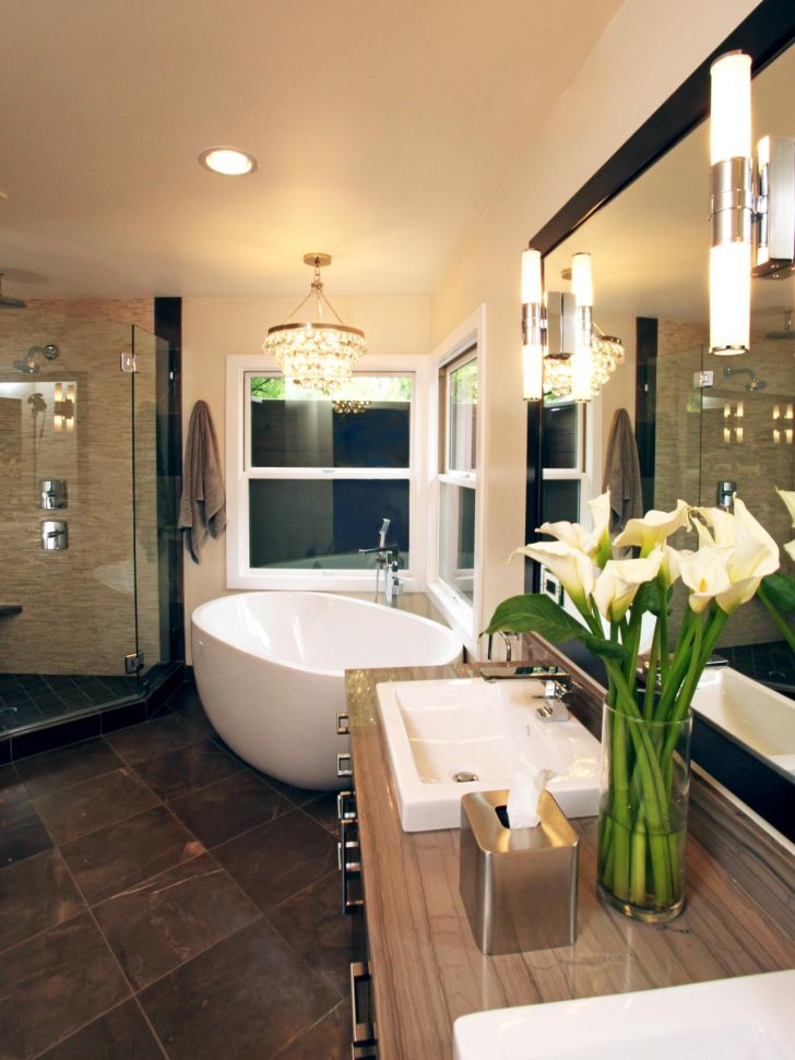 bathroom-chandelier-lighting-Round Bathroom Ceiling Light Over Bathub with Glass Wall Shower and Wooden Vanity