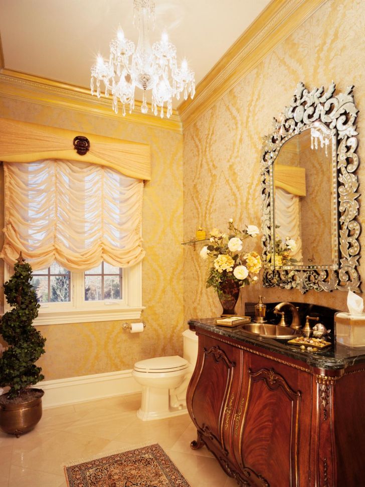 bathroom-chandelier-lighting-bathroom-crystal-chandelier-lighting_with_abstract-wall-painting_and_red-wooden-oak vanity_offer_classic-looks