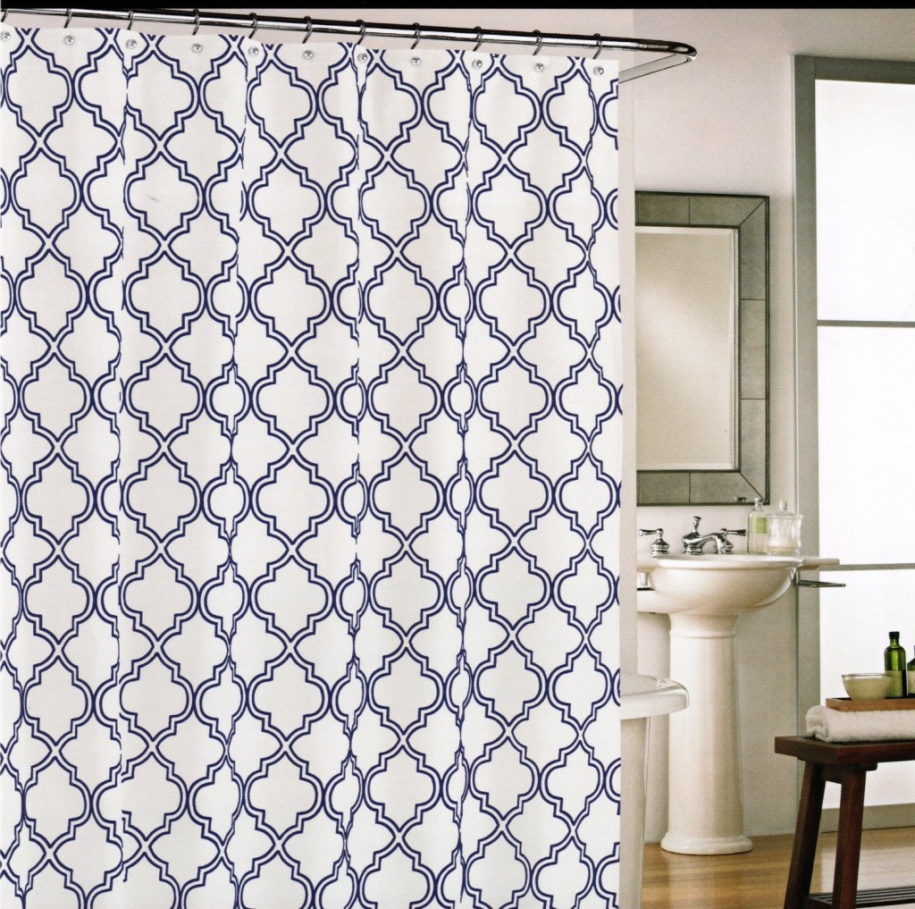 Cynthia Rowley Shower Curtain – Fabric Shower Curtain Lattice with Moroccan Tile Quatrefoil Navy Blue on White