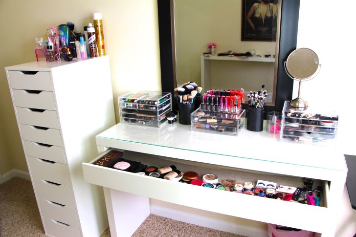 Sleek White IKEA Makeup Vanity Storage Organizer with White Cabinet