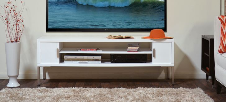Mid Century Modern Media Console White Mid Century Media Console Cardiff with Adjustable Audio or Video shelf and 7 Step Gloss White Finish