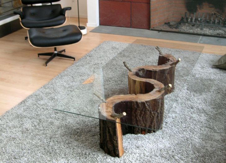 Steamer Style Tree Trunk Coffee Table with Square Glass Table Top