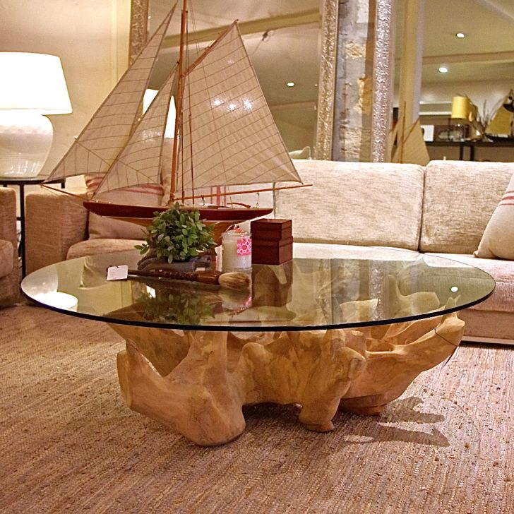 Tree Stump Coffee Table with Round Glass