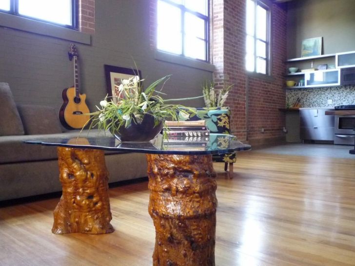 Tree Trunk Coffee Table with Glass Top in Living Room