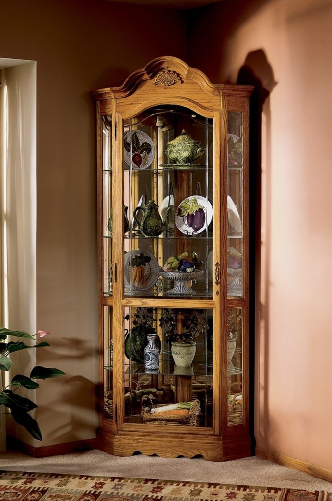 Classic Lighted Corner Curio Cabinet for Family Heirlooms with Glass Wall