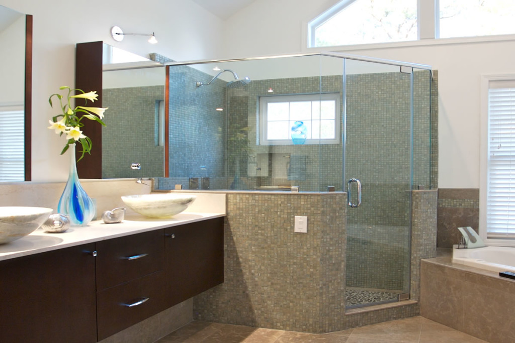 Beautiful Renovated Bathroom Design with Compact Floating Sinks and Dozens of Small Lights