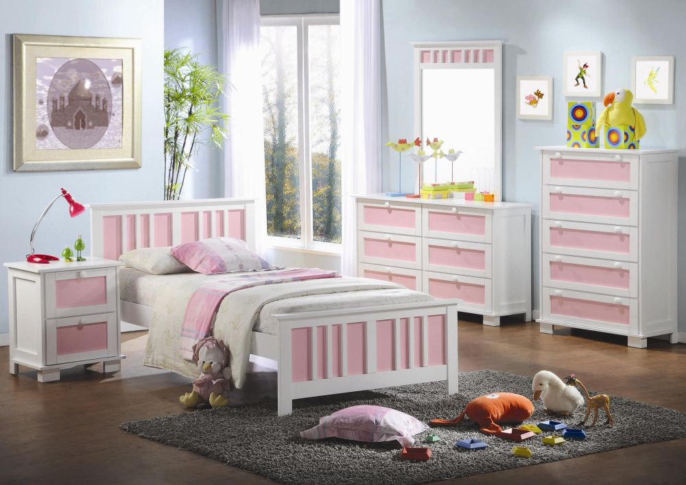 bright and comfort bedroom design for girls with white and pink bedframe plus soft rug for playing toys
