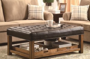 comfort living room with brown sofa and wooden padded coffee table