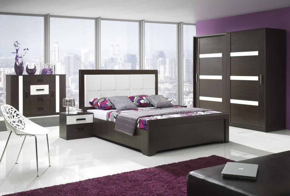 contemporary queen bedroom design with huge wooden cupboard and wide glass wall
