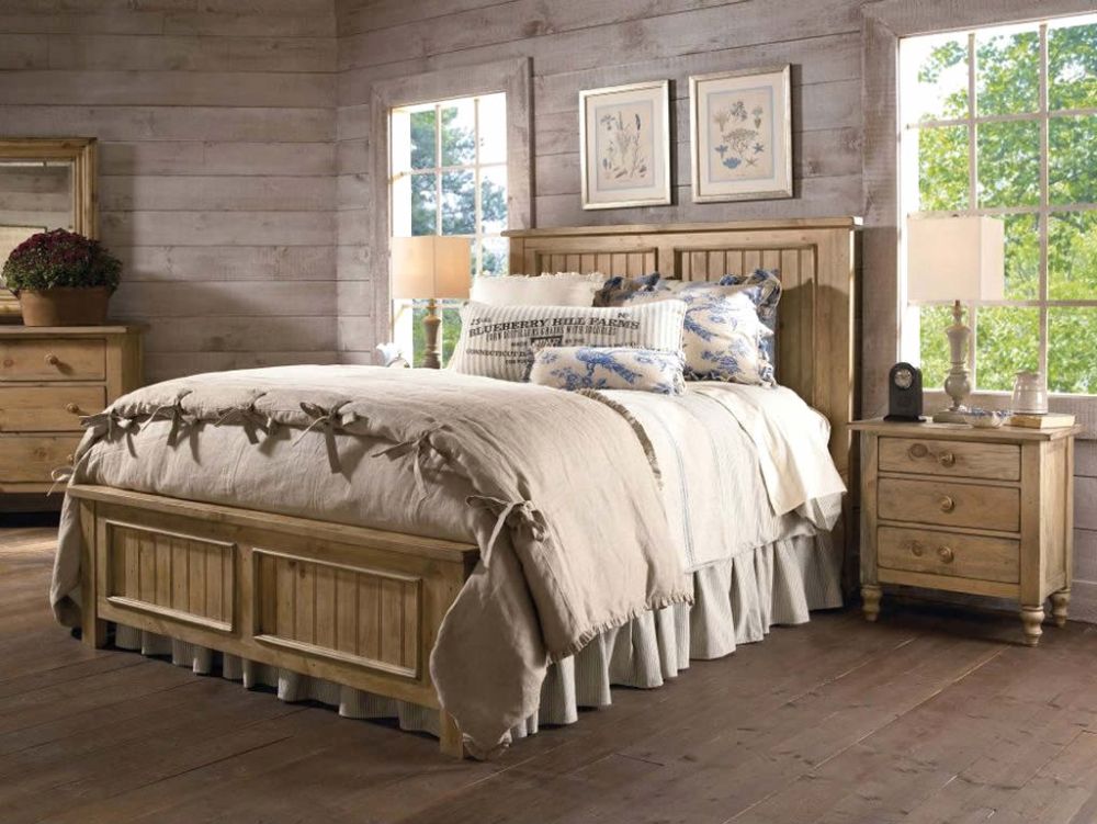 country light bedroom set ideas with rustic nightstand and wooden wall
