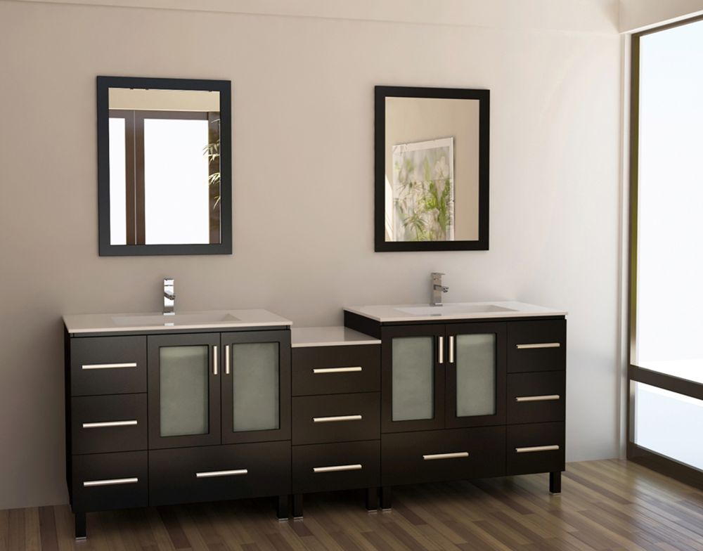 elegant dark vanity design by Menards with double sink and two square mirrors