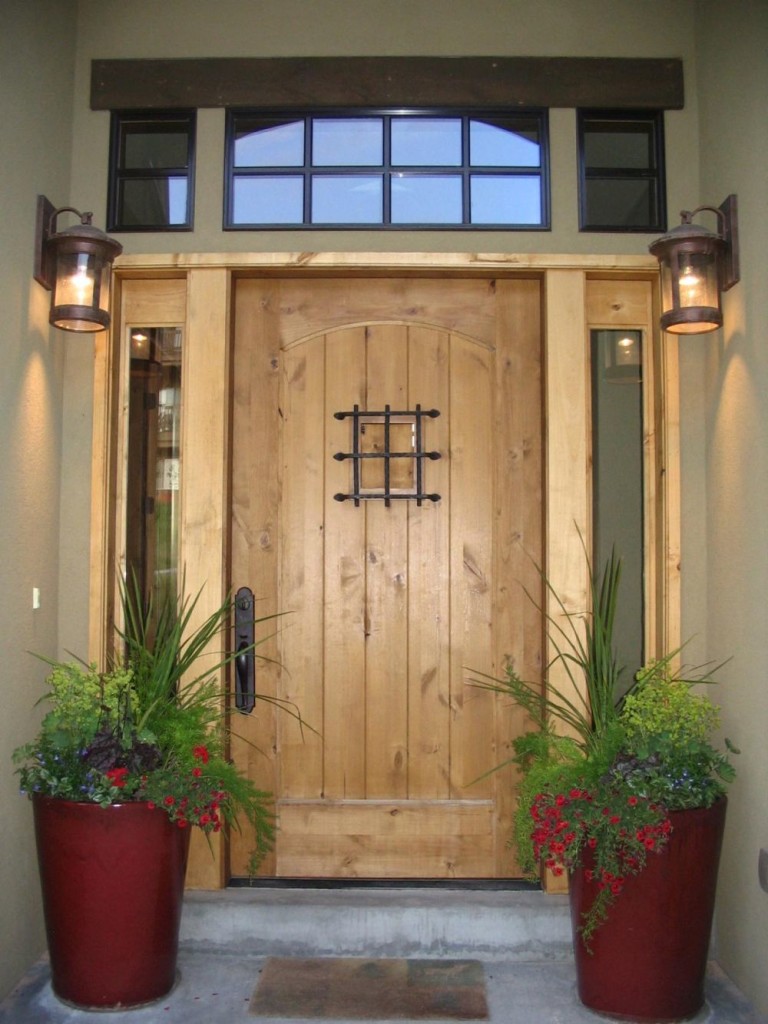 Front Door Decoration with two Wall Mount Outdoo Lighting and Two Red Flower Vases