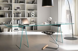 interesting office style with Unique glass desk and big curvy black floor lamp with drum shade