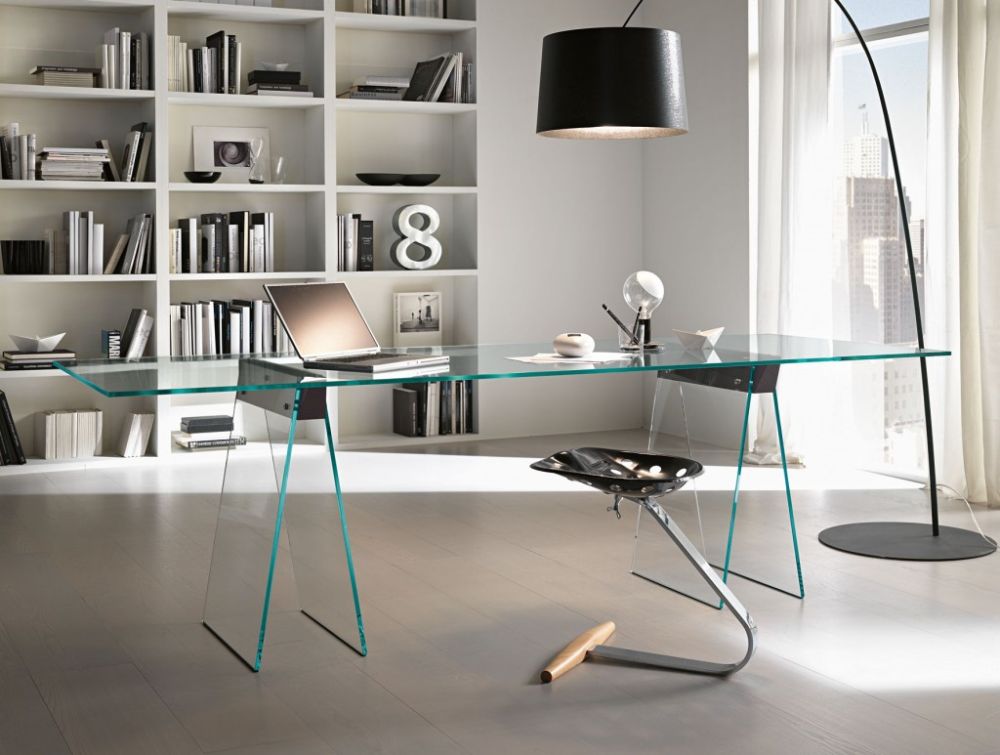 interesting office style with Unique glass desk and big curvy black floor lamp with drum shade