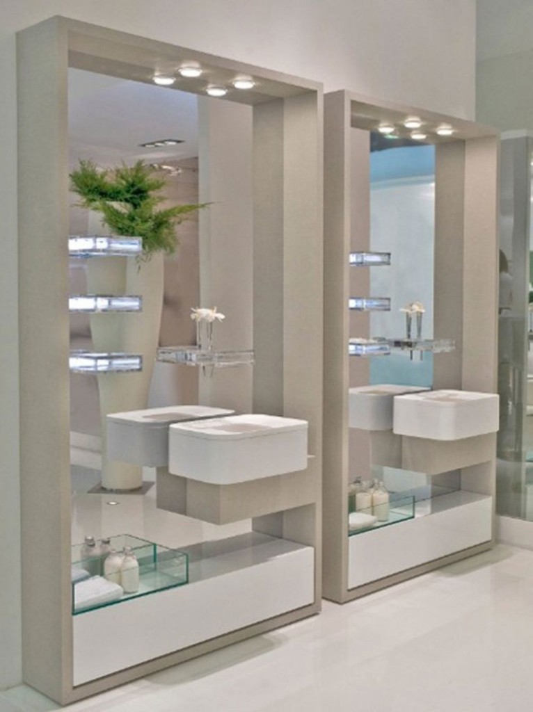 Luminous Glass Shelves on Frameless Built-in Mirrors with White trough Sink Cabinets and Powder Room