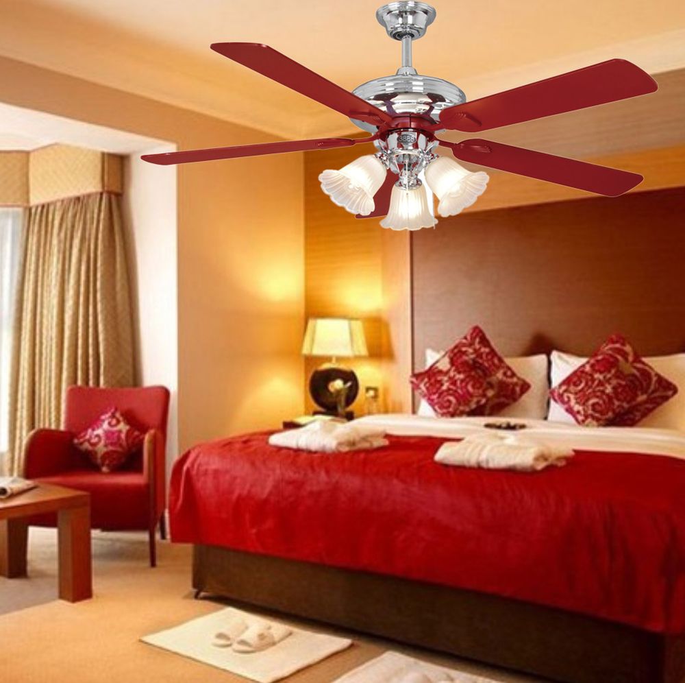 midcentury bedroom interior design with vintage ceiling fan light and three attractive lampshades