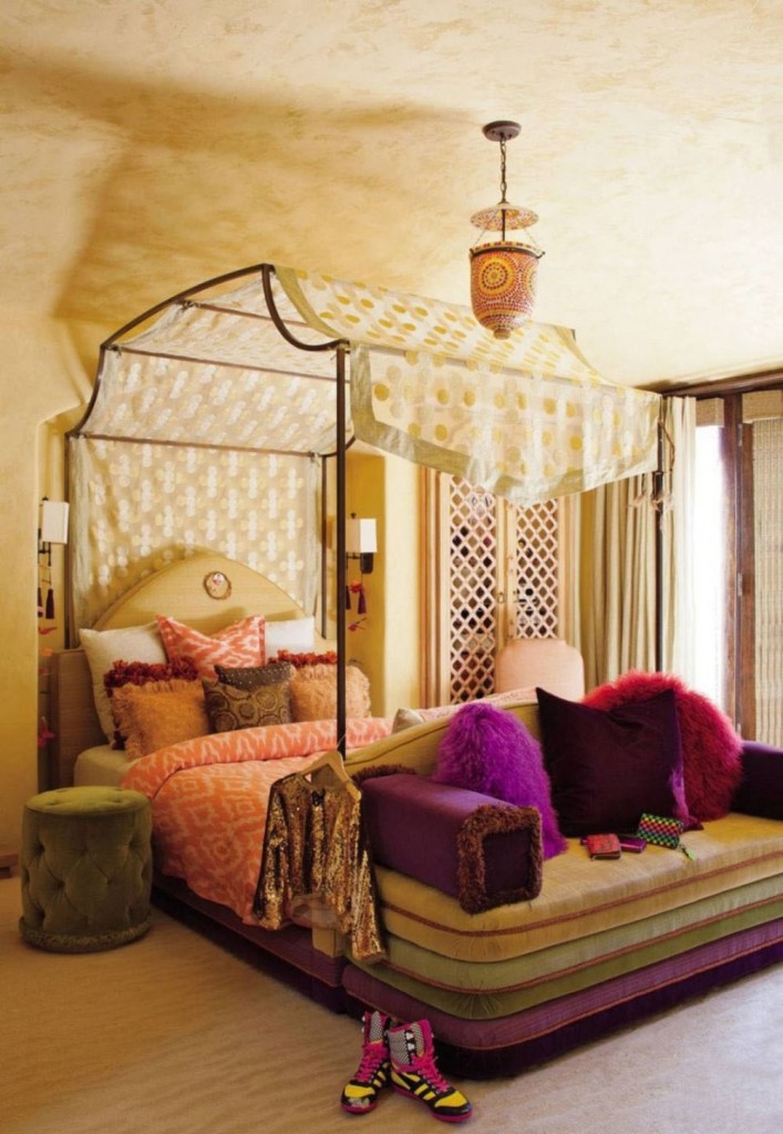 Moroccan Style White Bedroom with Nice Upholstered Side Table and Gorgeous Canopy Bed with Bench