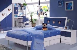 navy blue mickey mouse bedroom decoration with large glass window and cartoon characters