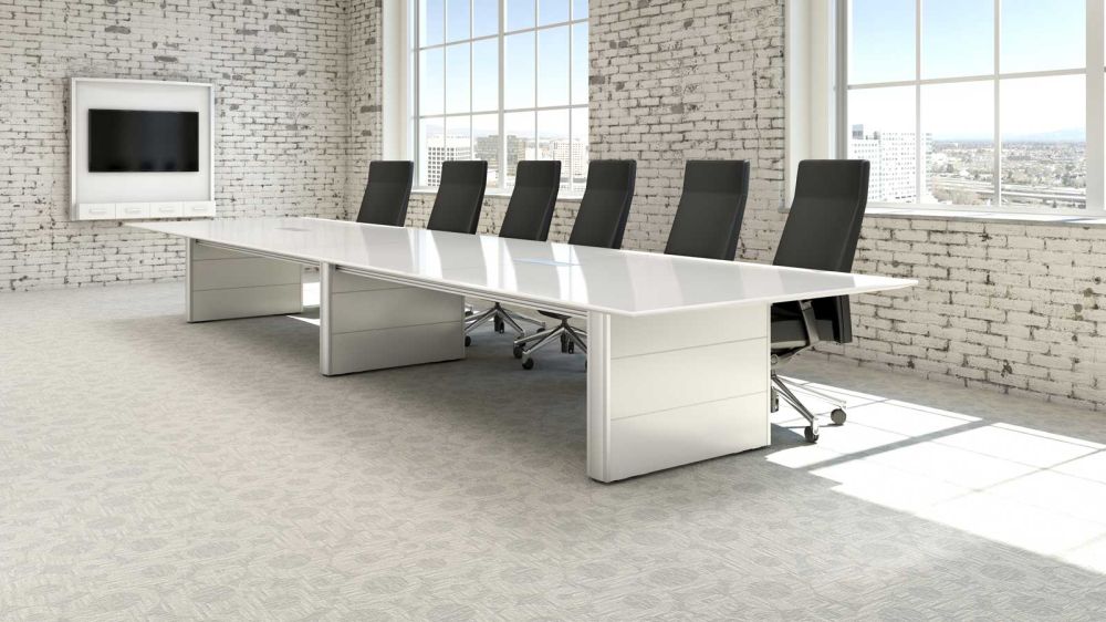 oversized rectangle white wooden conference table with industrial meeting room style