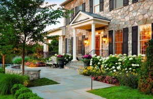 perfect front yard with outstanding exterior design and two outdoor lights
