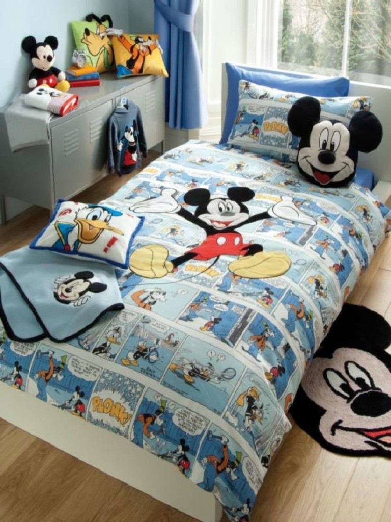 Small Bedrom Design with Mickey Mouse Accessories and Pillow plus Cabinet