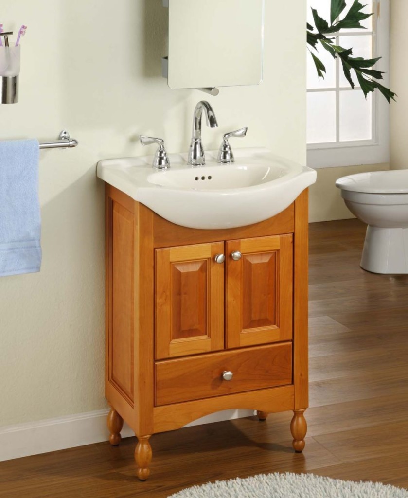 Small Narrow Bathroom Vanity Sets with Cute White Sink and Wall Mounted Mirror plus Towel Handle