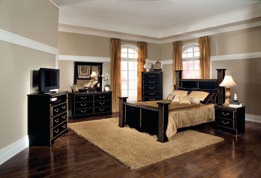 stylish black queen bedroom furniture sets with glossy bedside vanity and vintage desk