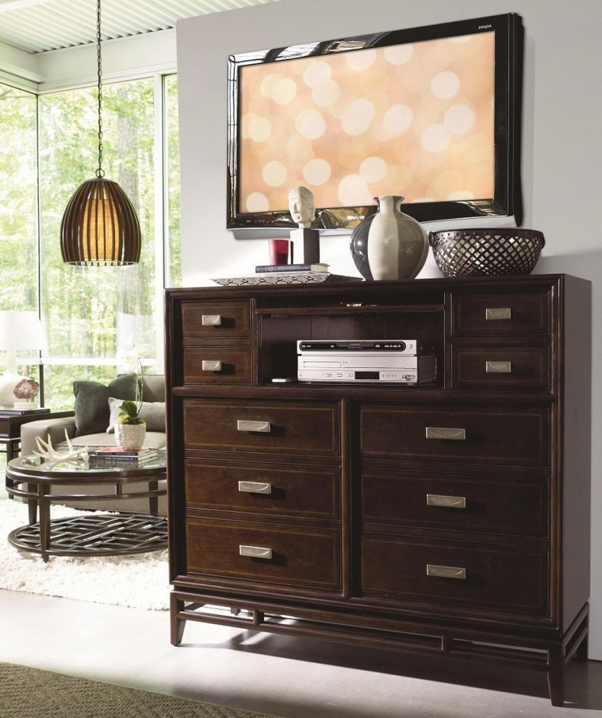 Wooden Chests of Drawers with Mounted Flat-Screen Television on Wall