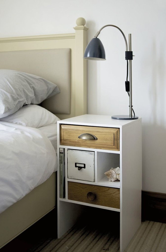 Contemporary Bedroom Design with Modern Bedside Table Combine White Palette with Some Wooden Accents and Unique Storage