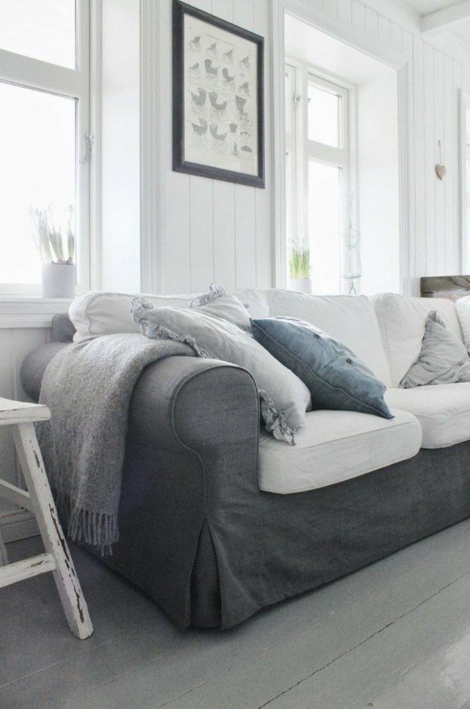 Gray Slip Covered Ektorp Sofa with Combination of Gray and White Slipcovers