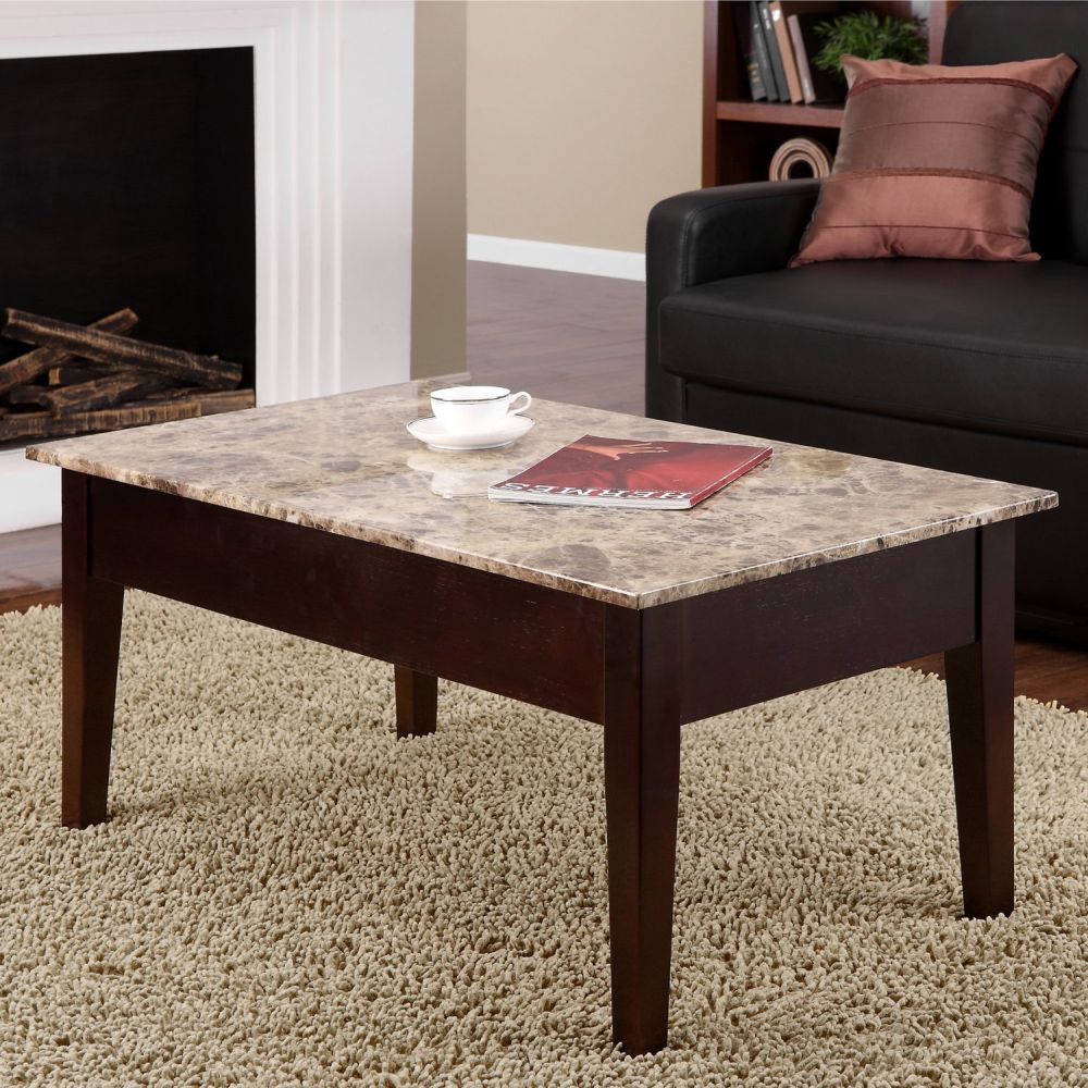 modest small rectangle granite table with dark brown wooden legs and the catchy stone top enhancing the living room with stone top coffee table